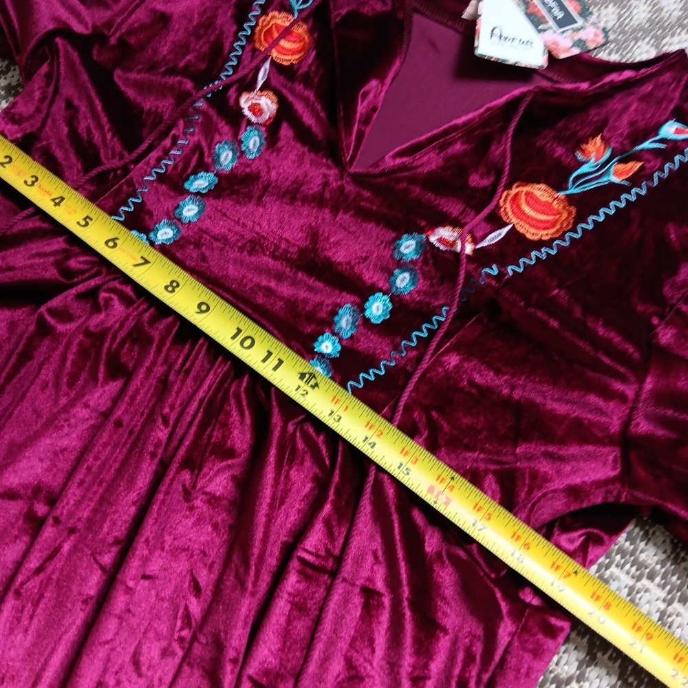 NWT Aofur Velvet Dress Womens Plus 2XL Red Embroidered Boho Popover Peasant Chic - Picture 9 of 12